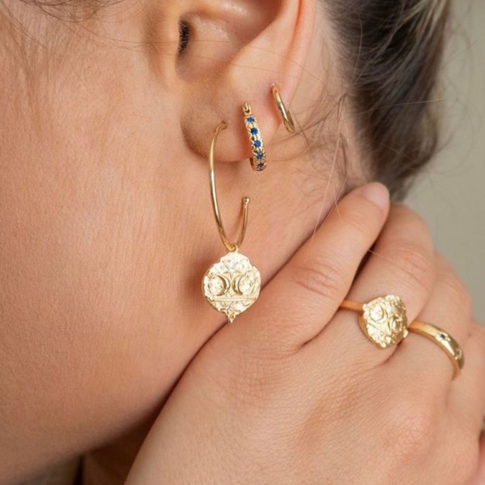 FIVE AND TWO 18K GOLD HOOPS DIAMOND CUT SAPPHIRE CRYSTALS STARBURST HOOPS NWT